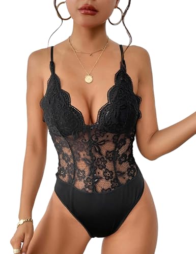 Everbellus Women Sexy Floral Lace Bodysuit Sheer Mesh Tank Tops Deep V Neck Corset Bodysuits Adjustable Strap Cami Top