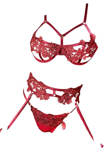 Women??s Sexy Lingerie Set ?C Strappy Lace Bra and Panty Set with Floral Embroidery, Adjustable Harness Design for Valentines, Honeymoon Red