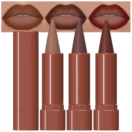 evpct 3Pcs Warm Brown Maroon Dark Wine Red Gradient Matte Lipstick Lip Liner Crayon Combo Pencil Set for Women Long Lasting, Cream Lip Liner and Lipstick Combo Makeup??Flawless Gradual Ombre Effect