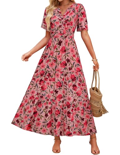 ZESICA Women's 2025 Summer Casual Floral Print Short Sleeve V Neck High Waist A Line Tiered Flowy Boho Maxi Dress