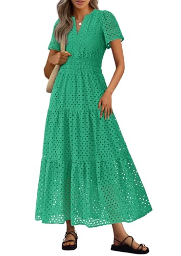 PRETTYGARDEN Womens 2025 Summer Maxi Dress Short Sleeve V Neck Hollow Out Eyelet A Line Long Flowy Beach Vacation Dresses