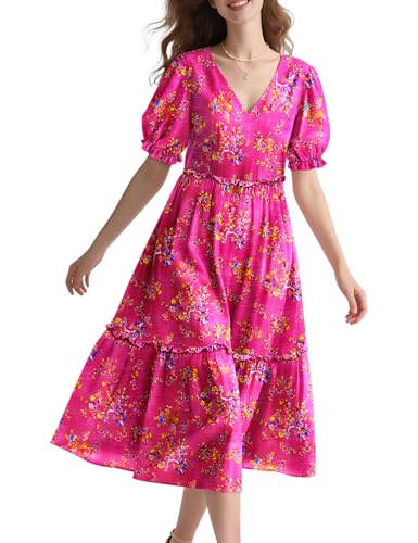 YESNO Summer Floral Midi Dresses for Women V Neck Puff Short Sleeve Frill Trim Dress with Pockets EVX