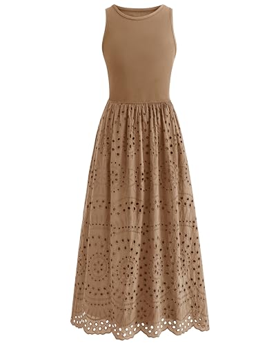 dowerme Women Summer Dresses 2025 Casual Sleeveless Crewneck A-Line Boho Lace Eyelet Cotton Tank Maxi Dress with Pockets