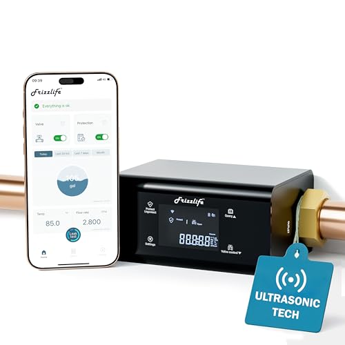 Frizzlife LP365 Smart Water Monitor and Automatic Shutoff - 0.01GPM Ultrasonic Micro Leak Detection, APP Wi-Fi Remote Control, Real-Time Flow/Temp Monitoring, 24/7 Water Usage Reports, 3/4" and 1"