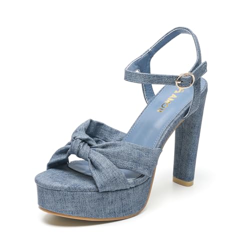 Amoji Women 4 Inch Block Platform Heels Braid Knot Lady Heeled Sandals FZ322