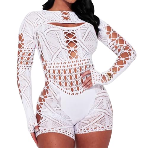 Fishnets Bodysuits for Women Sexy Jumpsuits Mesh Long Sleeve Bodystockings Lace Lingerie for Women Sexy Costumes