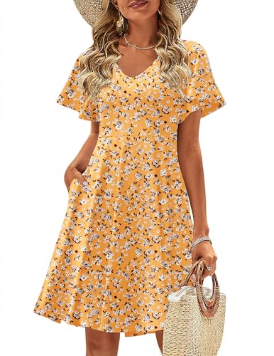 Zeagoo Womens Summer Dress Casual Swing Floral Ruffle Short Sleeve Sundresses Beach Mini A-line Shift Dress 2025 with Pockets