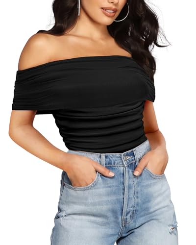 SAUNGKUAI Women's Short Sleeve Bodysuit Off the Shoulder Mesh Ruched One Piece Body Suits Summer Outfits