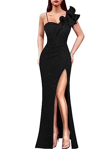 VFSHOW Womens Ruffle One Shoulder Strap Ruched Formal Prom Wedding Maxi Dress V Neck Elegant Split Cocktail Evening Long Gown