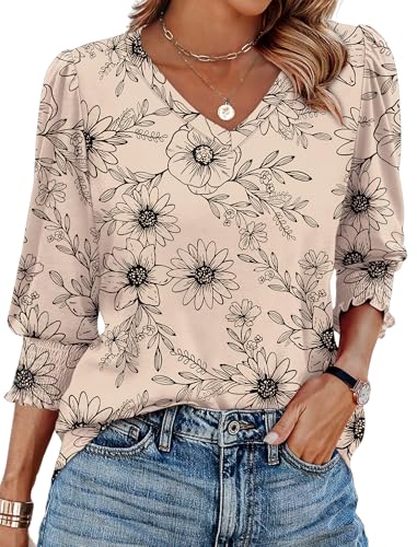 SAMPEEL 3/4 Length Sleeve Womens Tops Dressy Casual Blouses V Neck T Shirts with Smocked Cuffs