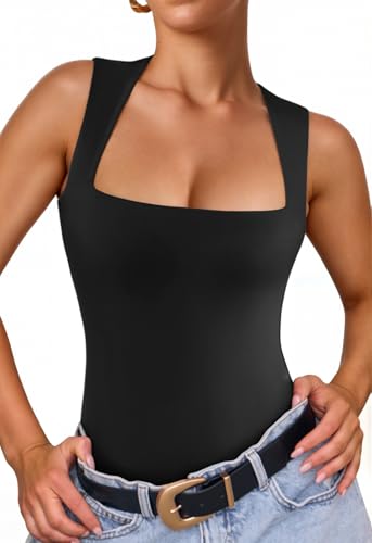 Cyanstyle Women Sexy Square Neck Thong Bodysuit Double Lined Sleeveless Trendy Going Out Body Suits Tank Tops