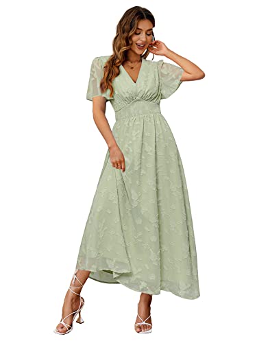 Simplee Women's Boho Floral Maxi Dress Flowy Casual V Neck Short Sleeve Wedding Guest Holiday Beach Long Dress